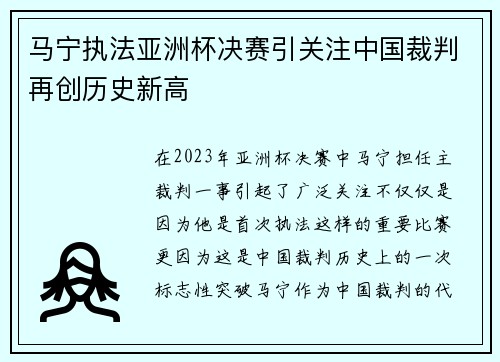 马宁执法亚洲杯决赛引关注中国裁判再创历史新高
